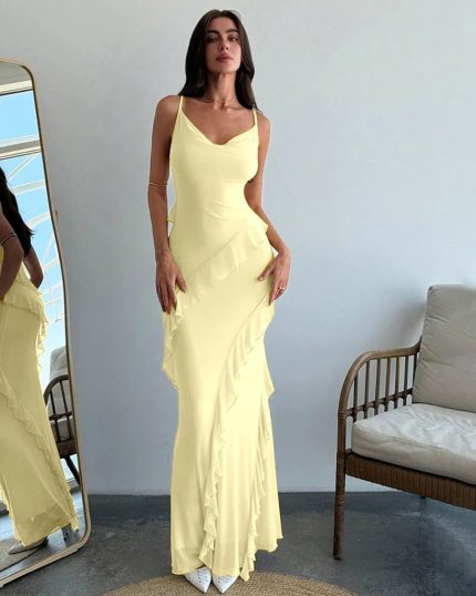 Ruffle Detail Spaghetti Strap French Vanilla Dress