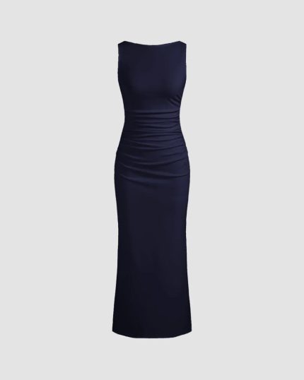 Sleeveless Boat Neck Draped Midi Dress In Dark Navy