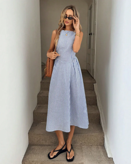 Sleeveless Boat Neckline Striped Maxi Dress