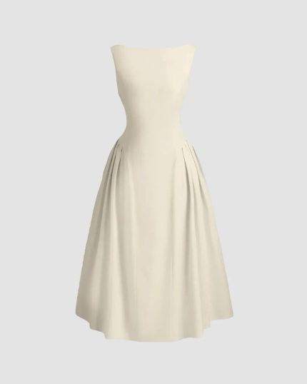 Sleeveless Flared Midi Dress in Beige