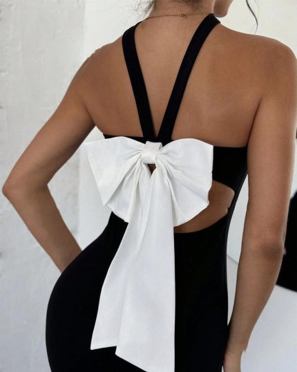 Slim Fit Backless Contrast Bow Tie Sexy Dress