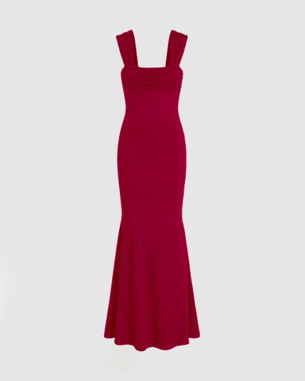 Solid Ruched Square Neckline Ruffle Maxi Dress