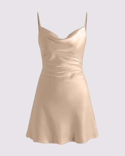 Solid Satin Cowl Neck Cami Mini Dress In Peach