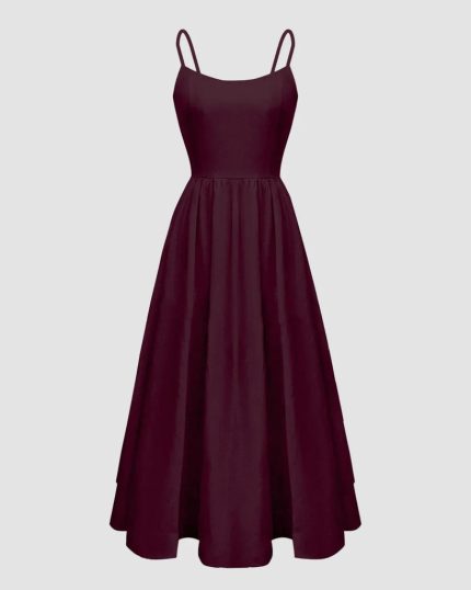 Spaghetti Strap Fit & Flare Sleeveless Midi Dress in Burgundy