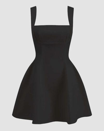 Square Neck Fit & Flare Sleeveless Mini Dress in Black