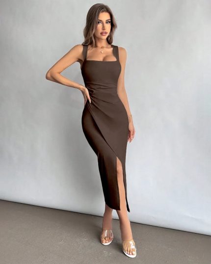 Square Neck Ruched Slit Midi Dress in Brown