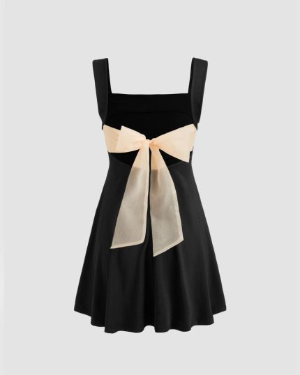 Square Neck Solid Bowknot Ruffle Mini Dress