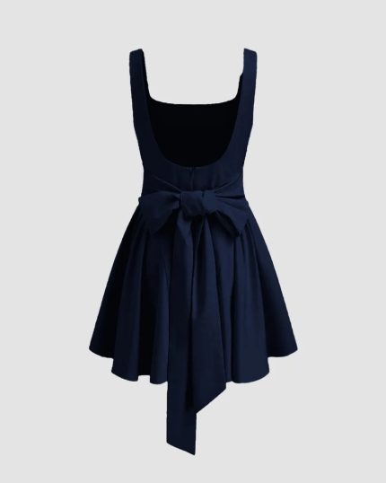Square Neck Solid Ruffle Pleated Knotted Mini Dress In Navy Blue