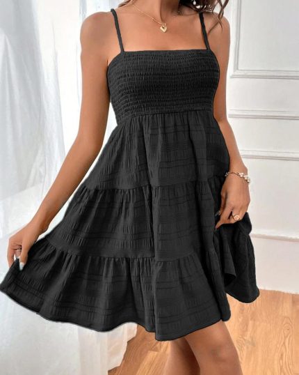 Square Neck Spaghetti Strap Beach Dress In Black