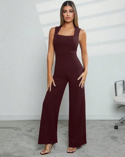 Square Neck Wide Leg Jumpsuit in Chocolate