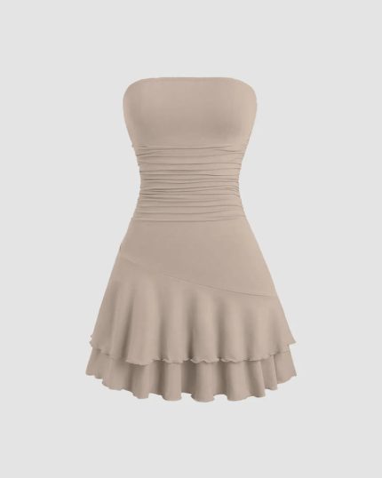 Strapless Ruched Layered Mini Dress in Beige
