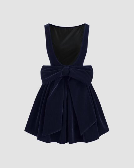 Velvet Boat Neck Bowknot Backless Short Midi Dress In Navy Blue