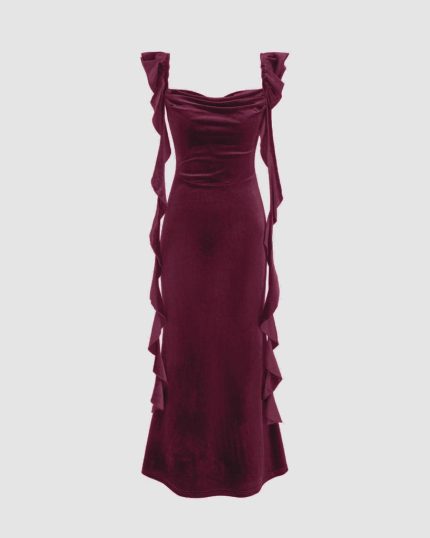 Velvet Cowl Neck Solid Ruffle Maxi Dress In Wine