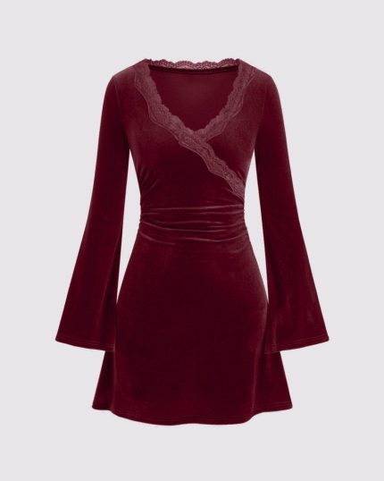 Velvet V-neck Floral Lace Trim Mini Dress In Rose Gold