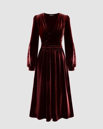 Velvet V-neck Solid Ruched Midi Dress In Cherry Red