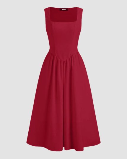 Sleeveless Square Neck A-Line Midi Dress in Cherry