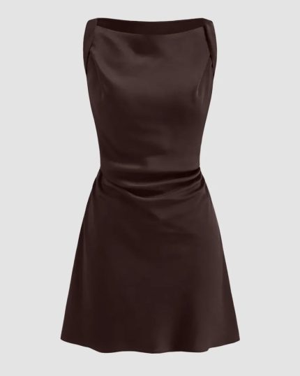 Satin Cowl Neck Ruched Mini Dress in Brown