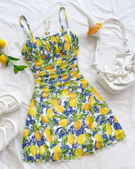 Citrus Bloom Ruched Bust Mini Dress