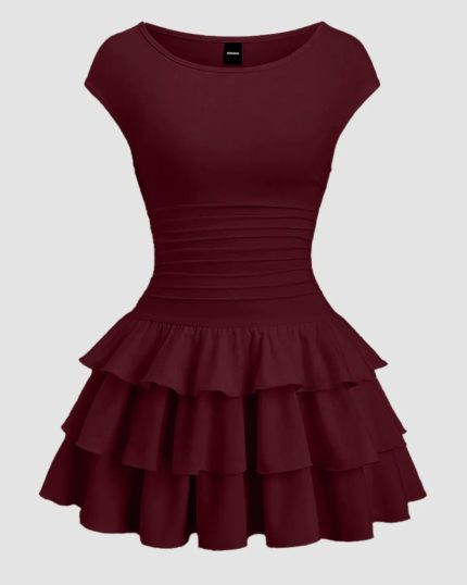 Ruched Waist Tiered Ruffle Mini Dress in Cherry