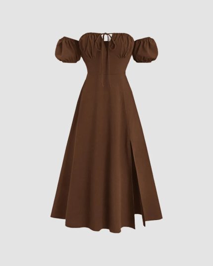 Off-Shoulder Puff Sleeve Solid Color Cinched Maxi Dress In English Brown