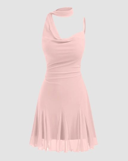 Mesh Halter Neckline Ruched Ruffle Hem Mini Dress in Light Pink