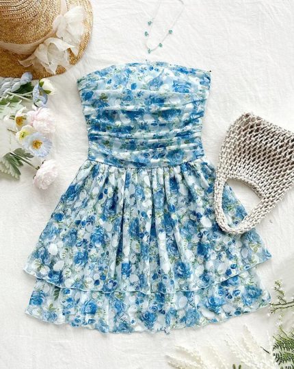 Blue Floral Strapless Ruched Mini Dress