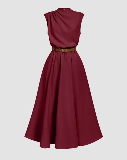 Draped Neck Belted A-Line Sleeveless Midi Dress in Burgundy