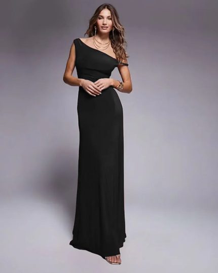 Twist shoulder with lace up back maxi dress in Black