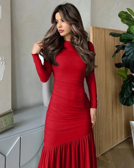 Ruched Full Sleeve Bodycon Midi Dress in Red