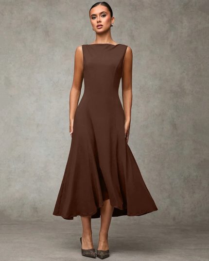 Sleeveless Fit and Flare Midi Dress in Rust