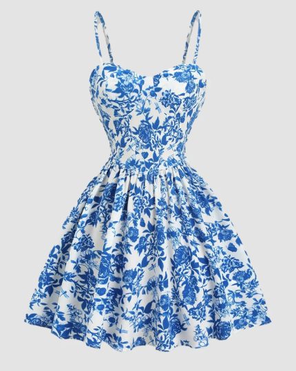 Blue Floral Spaghetti Strap Fit and Flare Mini Dress