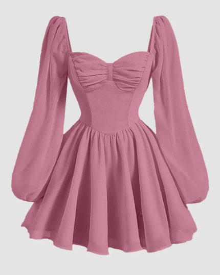 Sweetheart Neck Full Sleeve Mini Dress in Dusty Pink