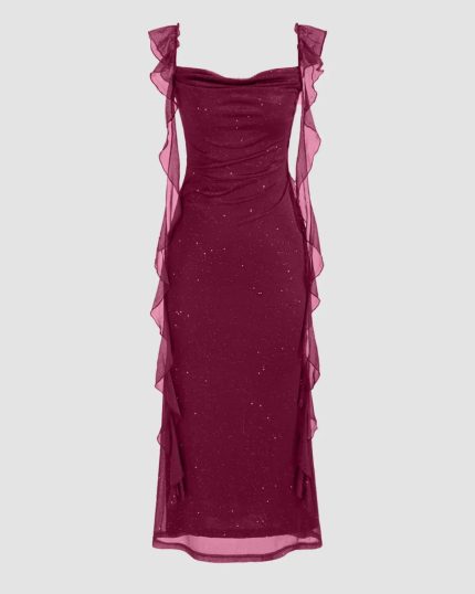 Maroon Ruched Ruffle Mesh Sleeveless Bodycon Midi Dress