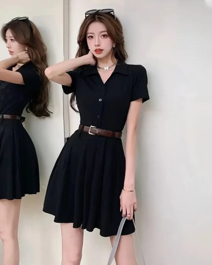Black Collared Short Sleeve Skirt Mini Dress