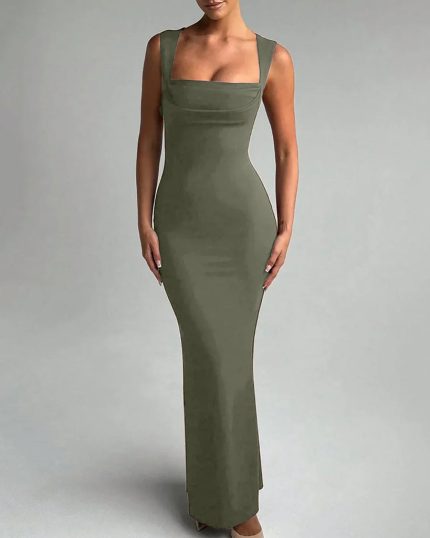 Sleeveless Square Neck Bodycon Elegant Maxi Dress in Olive