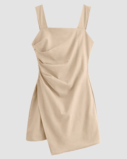 Sleeveless Square Neck Ruched Asymmetric Mini Dress in Light Khaki