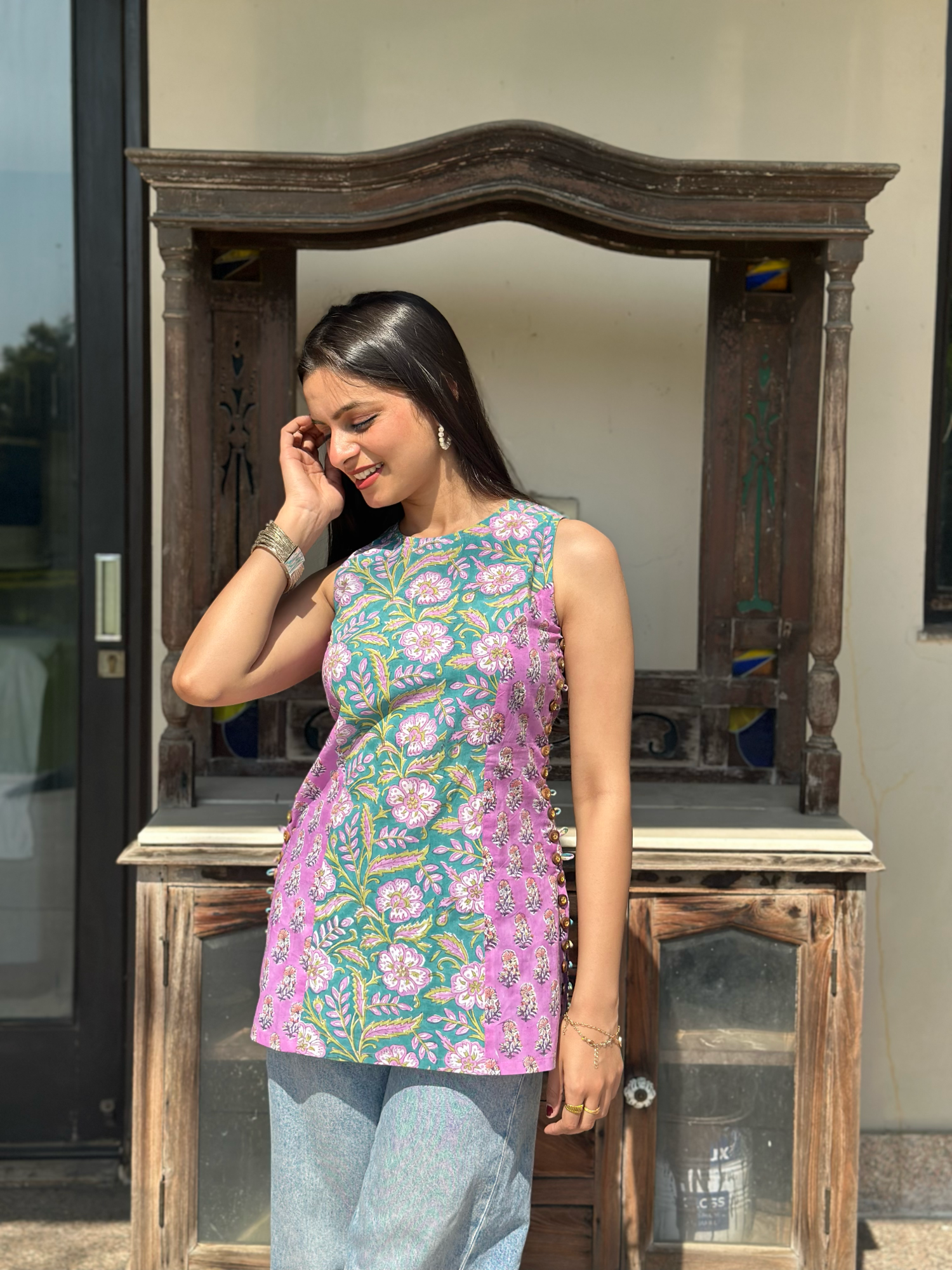 pinkgreenhaltershortkurti.png Pink Green Halter Short Kurti - Image 1