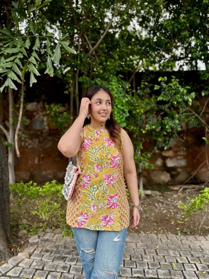 Rosy Mustard Halter Short Kurti