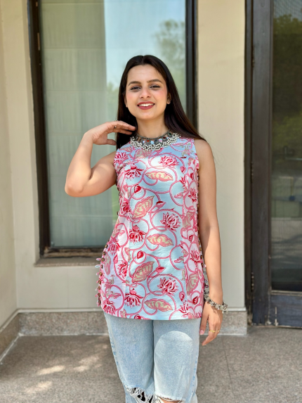 Sky Blue Halter Short Kurti