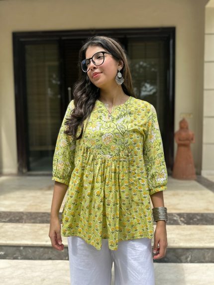 Vibrant Green Gather Short Kurti